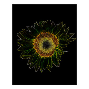 Póster Arte floral de girasol neón amarillo minimalista