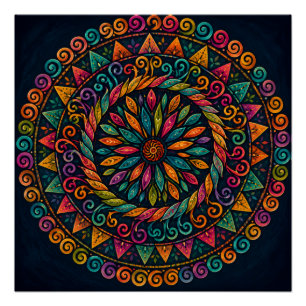 PÓSTER ARTE FOLCLÓRICO FLORAL MANDALA CIRCULAR BOTÁNICO V