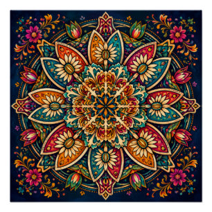 PÓSTER ARTE FOLCLÓRICO MANDALA FLORAL DISEÑO BOTÁNICO CIR
