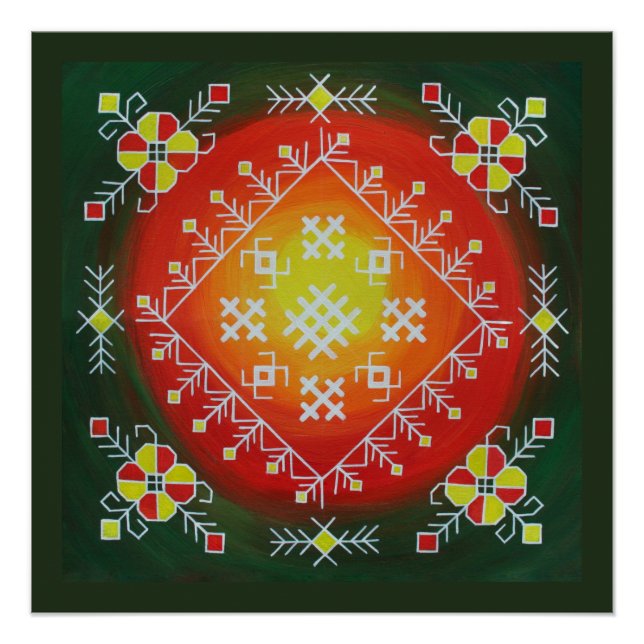 Póster Arte folklórico tradicional de Letonia con símbolo (Anverso)