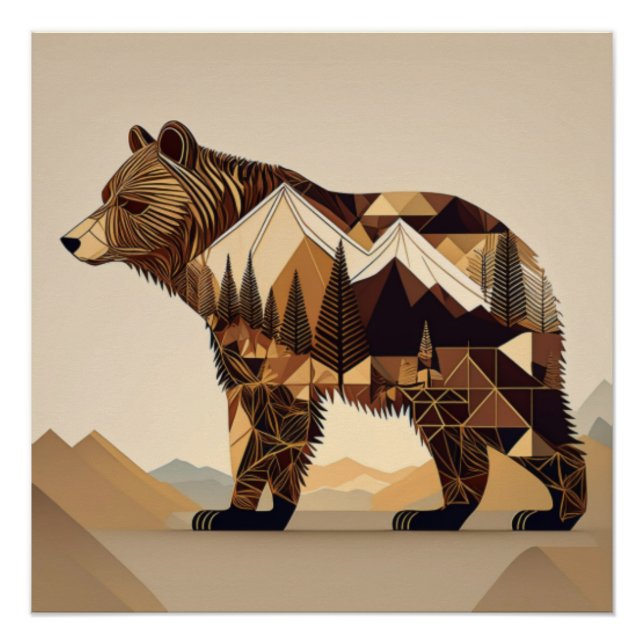 Póster Arte Geométrico de Oso Salvaje (Anverso)