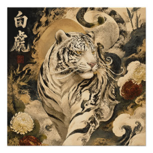 Póster Arte Guardián del Tigre Blanco Mitología Japones