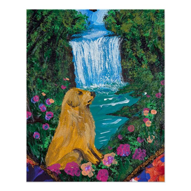 Póster Arte Hecho a Mano – Perro junto a la Cascada  (Anverso)