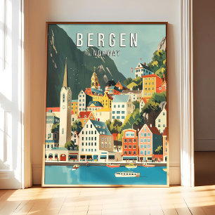 Póster Arte Impreso de Bergen Noruega, Ciudad Retr