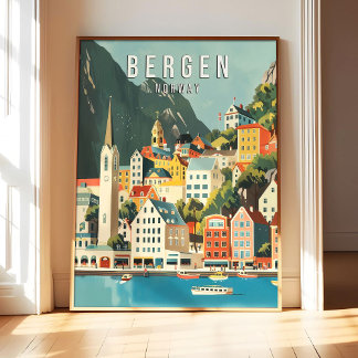 Póster Arte Impreso de Bergen Noruega, Ciudad Retr