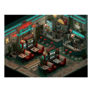 Póster Arte isométrico de restaurante Cyberpunk Neon