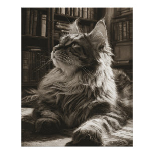 Póster Arte majestuoso de gato Maine Coon sepia en la bib