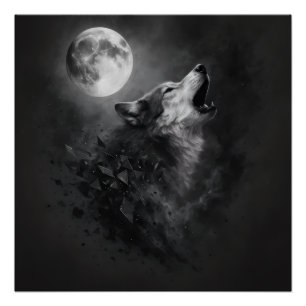 Póster Arte mural del lobo aullador bajo la luna