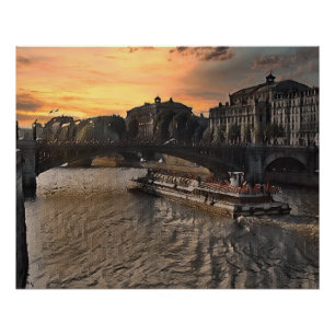 Póster Arte mural del río París Paisaje urbano Escena al