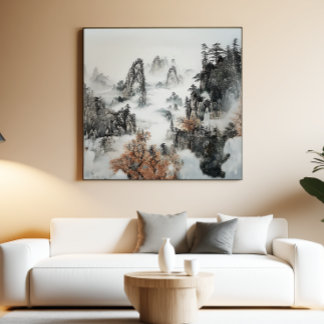 Póster Arte mural minimalista zen de montaña brumosa