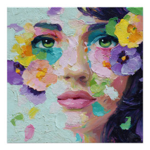 Póster Arte mural surrealista mujer ojos florales pétalos