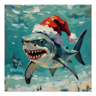 Póster Arte Navideño de Tiburón Vintage con Gorro de Sant