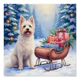 Póster Arte Navideño de Trineo Vintage Briard Invierno