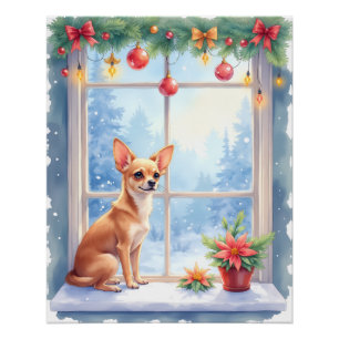 Póster Arte Navideño Vacacional de Ventana con Nieve y Ch