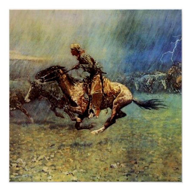 Póster Arte Occidental de Frederic Remington “La Estampid (Anverso)