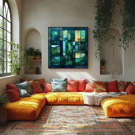 Póster Arte paisajístico geométrico iluminado por luna - 