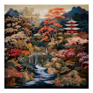 Póster Arte paisajístico japonés: Cascada y pueblo
