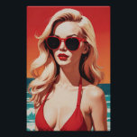 Póster Arte pop retro: Palabra elegante en bikini rojo<br><div class="desc">Un sorprendente ilustracion de arte pop retro con una elegante mujer rubia en bikini rojo. Sus atrevidas gafas de sol rojas complementan su vibrante lápiz labial, creando una escena de playa cautivadora y nostálgica. Los colores vivos y las líneas depuradas evocan una estética de arte pop de mediados del siglo...</div>