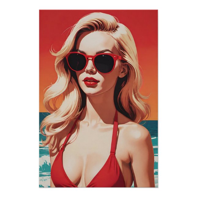 Póster Arte pop retro: Palabra elegante en bikini rojo (Anverso)