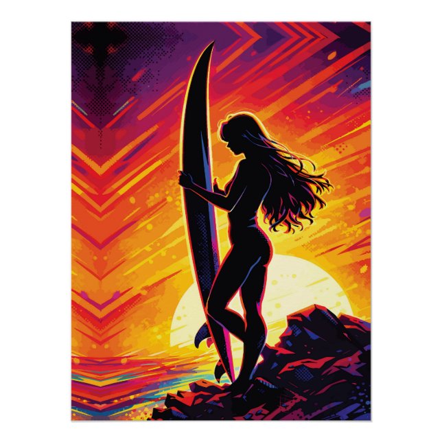 Póster Arte Pop Silueta de Chica Surfista Empoderada al A (Anverso)