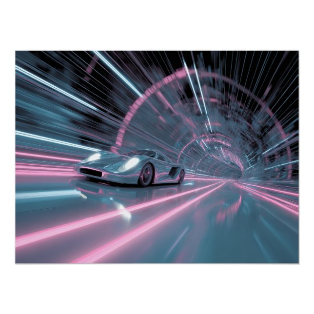 Póster Arte Retro Neon de Coche de Velocidad en Túnel (Anverso)