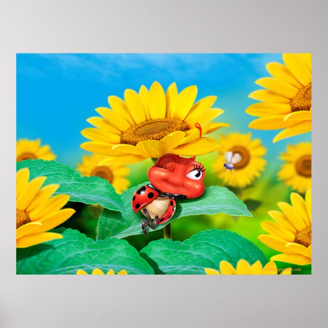 Poster arte somnoliento Snoozy Ladybug y girasoles (Frente)