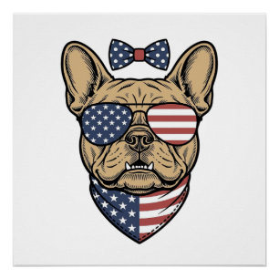 Póster Arte vectorial de Bulldog Francés Patriótico Vinta