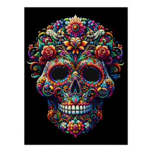 Póster Arte vibrante de cráneos de azúcar florales
