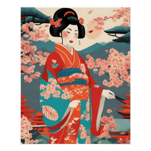Póster Arte vintage de kimono japonés tradicional