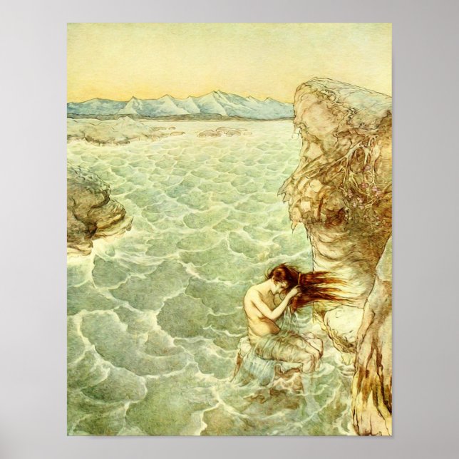Póster Arthur Rackham Ilustracion Nymph sobre una roca (Frente)