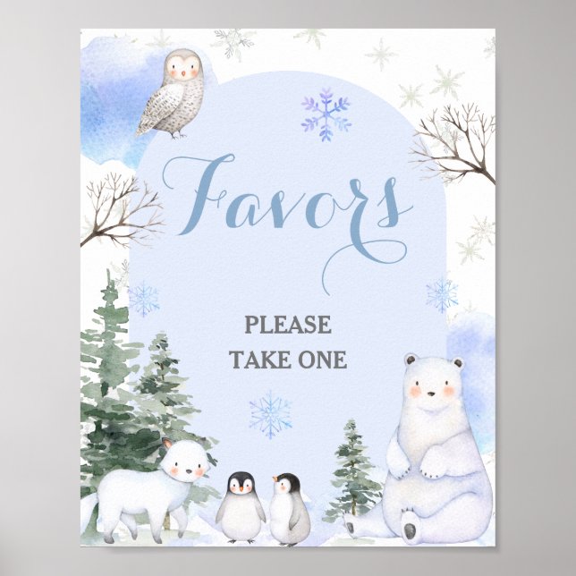 Póster ÁRTICO ANIMAL Snowflakes Árboles Baby Shower favor (Frente)