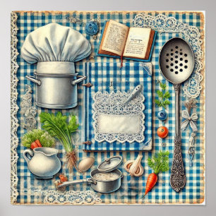 Póster Artículos de cocina de época en manteles azules