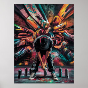 Póster Artista callejero con latas de aerosol