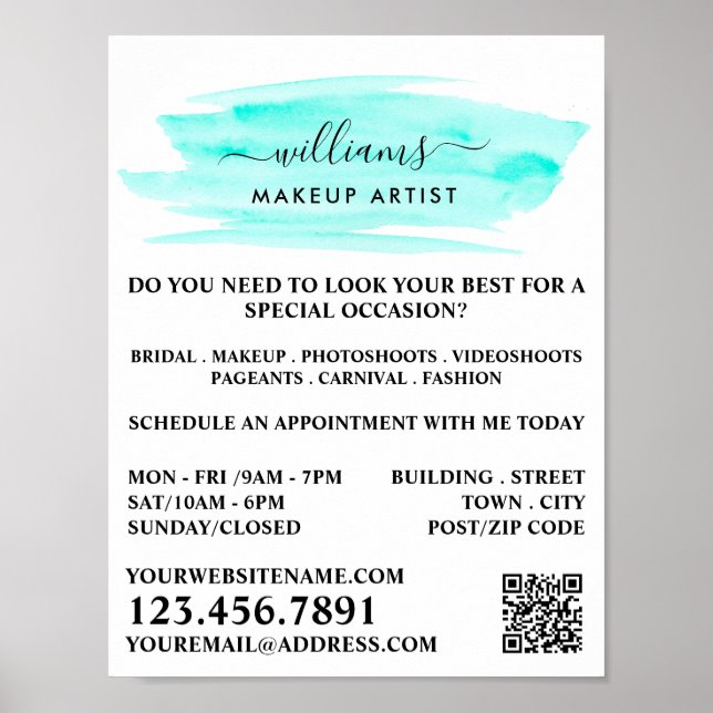 Póster Artista de maquillaje de pincel turquesa acuarela (Frente)