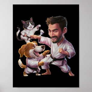 Póster Artista Marcial Con Perro Karate Y Gato En Acción 