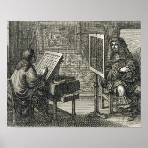 Póster Artista pintando un retrato sobre una cuadrícula p