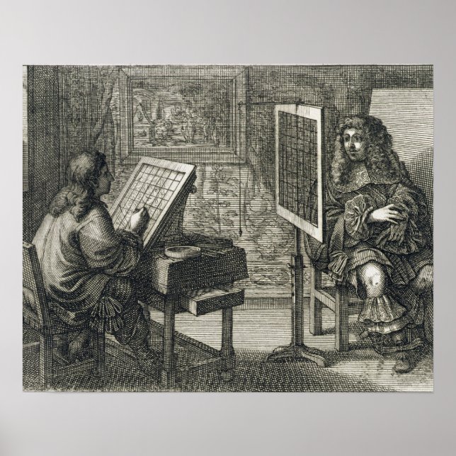 Póster Artista pintando un retrato sobre una cuadrícula p (Frente)