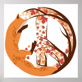 Póster Artistic Fox Peace Sign Autumn Leaves Tree Poster