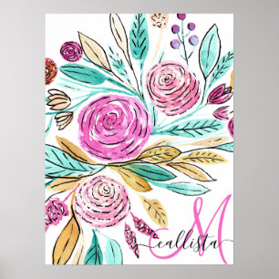 Póster Artsy Elegant Monograma de acuarela floral Verde a
