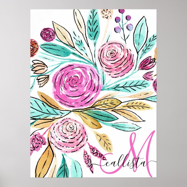 Póster Artsy Elegant Monograma de acuarela floral Verde a (Frente)