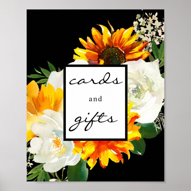 Póster Artsy Sunflower Floral Cards & Gifts Rótulo Negro (Frente)