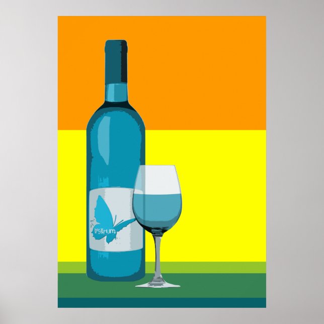 Póster asador: copa de vino pop y botella (Frente)