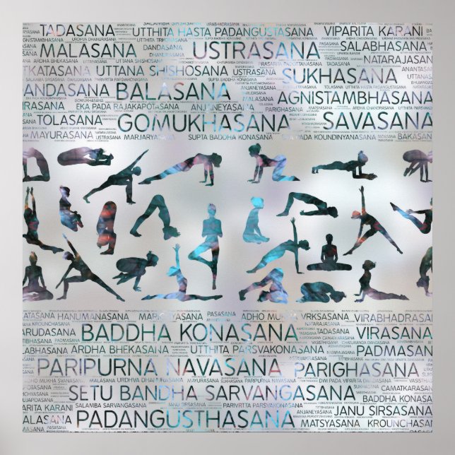 Póster Asanas de yoga / Poses Sánscrito Palabra Art Labra (Frente)