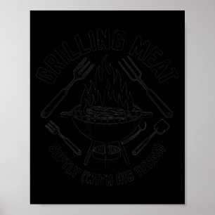 Póster Asar carne suavemente con pinzas bbq cita papá