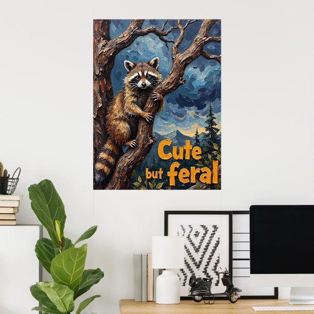 Póster Ascenso sombreado: Raccoon en el árbol del crepúsc (Oficina en casa)