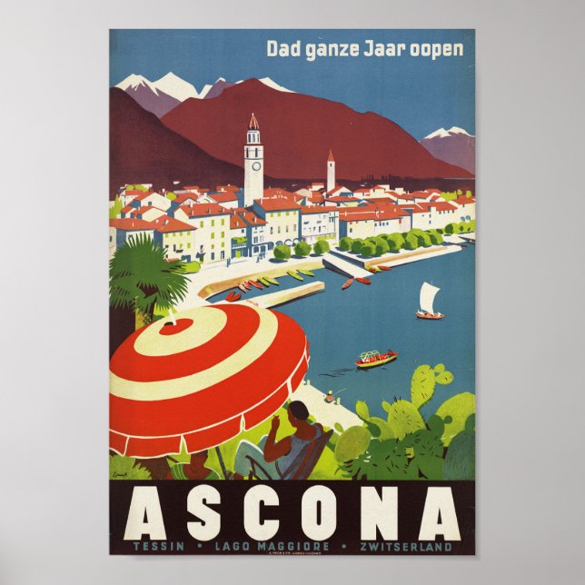 Póster Ascona Suiza - Afiche de viaje suizo vintage (Frente)
