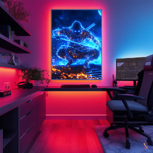 Póster Asesino de Sombra de Neón – Ninja Cyberpunk en Azu