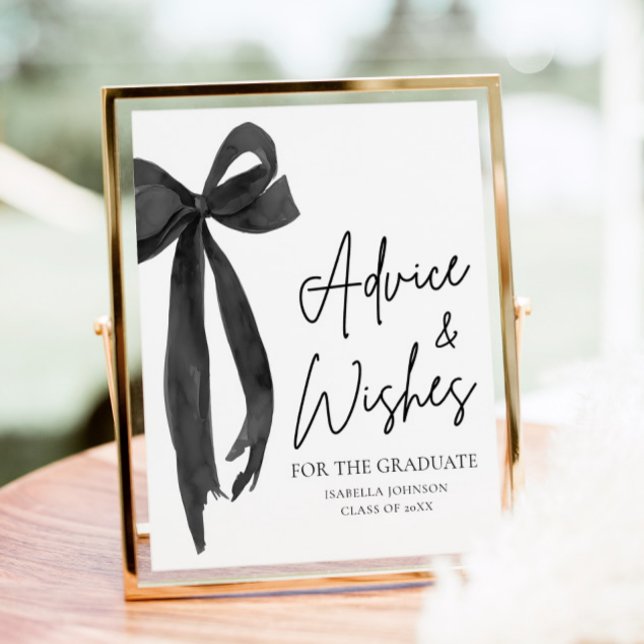 Póster Asesoramiento y deseos de graduados de Fiesta de B (Modern Coquette Black Bow Graduation Party Graduate High School Advice and Wishes Sign)