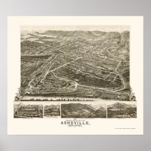 Póster Asheville, Mapa Panorámico de NC - 1891