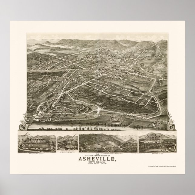 Póster Asheville, Mapa Panorámico de NC - 1891 (Frente)
